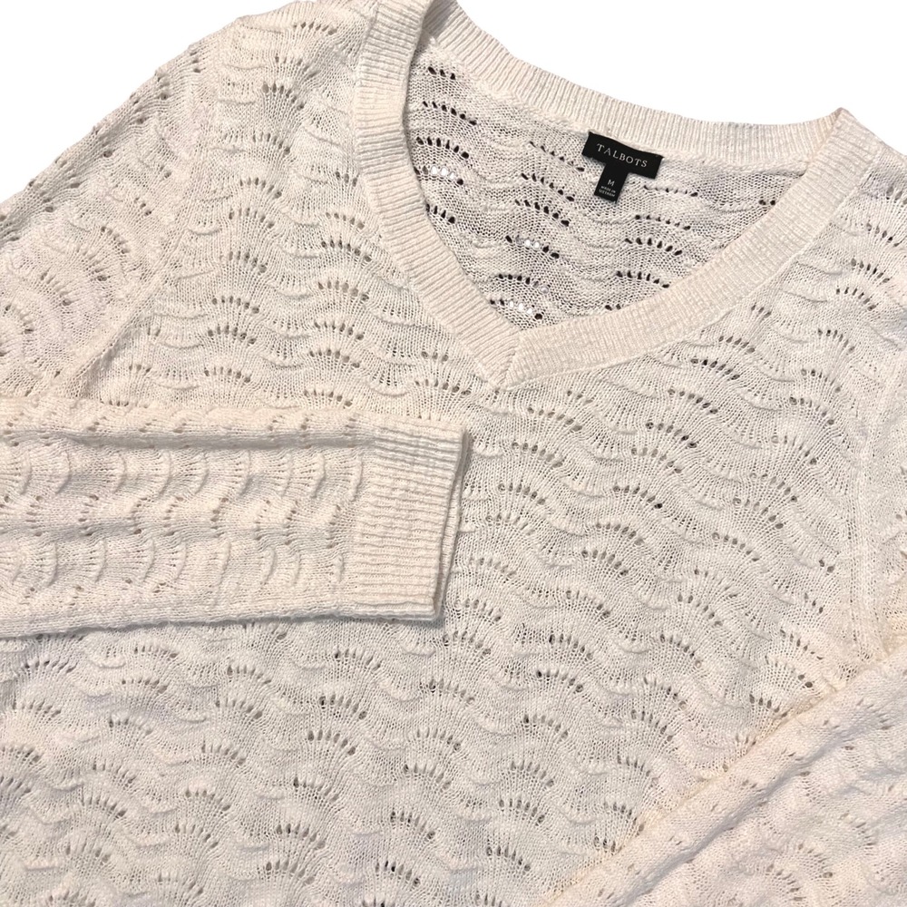 Talbots Womens Pointelle Lightweight Open Knit Sweater White‎ Cottagecore Medium